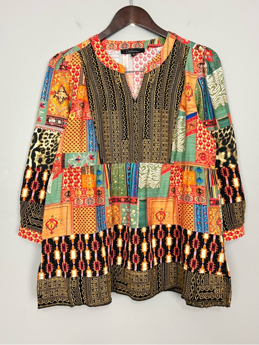 Calessa Embroidered Patchwork Blouse Women’s Size M Lantern Sleeves Colorful